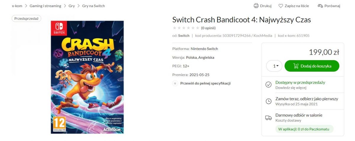 Crash Bandicoot 4: Najwyższy Czas Nintendo Switch wersja fizyczna